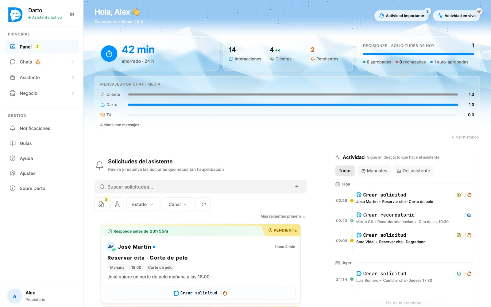 Darto web dashboard: pending requests and assistant activity